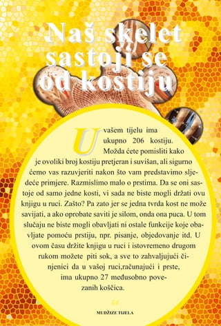 6644
UU
vašem tijelu ima
ukupno 206 kostiju.
Možda æete pomisliti kako
je ovoliki broj kostiju pretjeran i suvišan, ali sigurno
æemo vas razuvjeriti nakon što vam predstavimo slje-
deæe primjere. Razmislimo malo o prstima. Da se oni sas-
toje od samo jedne kosti, vi sada ne biste mogli držati ovu
knjigu u ruci. Zašto? Pa zato jer se jedna tvrda kost ne može
savijati, a ako oprobate saviti je silom, onda ona puca. U tom
sluèaju ne biste mogli obavljati ni ostale funkcije koje oba-
vljate pomoæu prstiju, npr. pisanje, objedovanje itd. U
ovom èasu držite knjigu u ruci i istovremeno drugom
rukom možete piti sok, a sve to zahvaljujuæi èi-
njenici da u vašoj ruci,raèunajuæi i prste,
ima ukupno 27 meðusobno pove-
zanih košèica.
Naš skeletNaš skelet
sastoji sesastoji se
od kostijuod kostiju
MUDŽIZE TIJELA
 