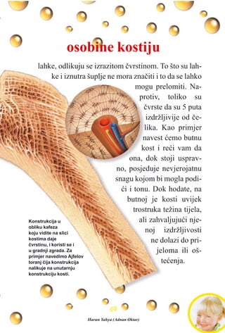 lahke, odlikuju se izrazitom èvrstinom. To što su lah-
ke i iznutra šuplje ne mora znaèiti i to da se lahko
mogu prelomiti. Na-
protiv, toliko su
èvrste da su 5 puta
izdržljivije od èe-
lika. Kao primjer
navest æemo butnu
kost i reæi vam da
ona, dok stoji usprav-
no, posjeduje nevjerojatnu
snagu kojom bi mogla podi-
æi i tonu. Dok hodate, na
butnoj je kosti uvijek
trostruka težina tijela,
ali zahvaljujuæi nje-
noj izdržljivosti
ne dolazi do pri-
jeloma ili oš-
teæenja.
6699
Konstrukcija u
obliku kafeza
koju vidite na slici
kostima daje
èvrstinu, i koristi se i
u gradnji zgrada. Za
primjer navedimo Ajfelov
toranj èija konstrukcija
nalikuje na unutarnju
konstrukciju kosti.
osobine kostiju
Harun Yahya (Adnan Oktar)
 