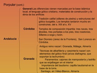 Porpular  (cont.) Andalucía Córdoba Granada General: Las diferencias vienen marcadas por la base islámica local, el lenguaje gótico cristiano, materiales de construcción y la étnia de los artífices Tradición califal (sillares de piedra) y estructuras del gótico burgalés. Los templos tardaron mucho en construirse, del s. XIII al s. XV Templos de composición tripartita: tres naves, tres ábsides, tres portadas a los pies, tres rosetones. Sillares a soga y tizón. San Dionisio (Jerez de la Frontera),  San Lorenzo en Córdoba. Antiguo reino nazarí: Granada, Málaga, Almería Técnicas de albañilería y carpintería nazarí con elementos del gótico final (arcos diafragma, que soportan la techumbre)  Paramentos: cajones de mampostería y ladrillo que se enjalbegan en el interior   Importancia del bautismo: capilla bautismal en la base de la torre.   Santiago, en Vélez-Blanco, Almería 