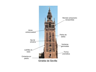 Giralda de Sevilla
Cimientos en
piedra
Ladrillos el
resto
Paños de
sebka
Arcos
entrecruzados
Eje de
simetría
Ventanas
geminadas
Remate campanario
renacentista
Forma
prismática
 