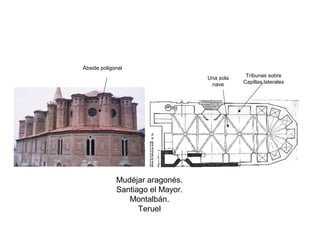 Mudéjar aragonés.
Santiago el Mayor.
Montalbán.
Teruel
Ábside poligonal
Una sola
nave
Tribunas sobre
Capillas laterales
 