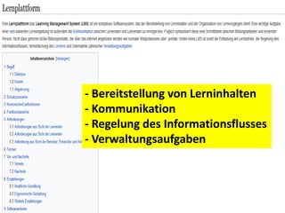 - Bereitstellung von Lerninhalten
- Kommunikation
- Regelung des Informationsflusses
- Verwaltungsaufgaben
 