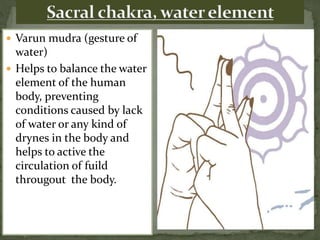  Varun mudra (gesture of
water)
 Helps to balance the water
element of the human
body, preventing
conditions caused by lack
of water or any kind of
drynes in the body and
helps to active the
circulation of fuild
througout the body.
 