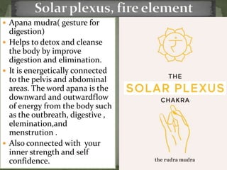  Apana mudra( gesture for
digestion)
 Helps to detox and cleanse
the body by improve
digestion and elimination.
 It is energetically connected
to the pelvis and abdominal
areas. The word apana is the
downward and outwardflow
of energy from the body such
as the outbreath, digestive ,
elemination,and
menstrution .
 Also connected with your
inner strength and self
confidence.
 