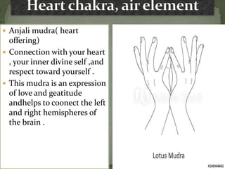  Anjali mudra( heart
offering)
 Connection with your heart
, your inner divine self ,and
respect toward yourself .
 This mudra is an expression
of love and geatitude
andhelps to coonect the left
and right hemispheres of
the brain .
 