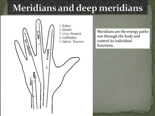 Meridians are the energy paths
run through the body and
control its individual
functions.
 