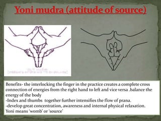 Benefits- the interlocking the finger in the practice creates a complete cross
connection of energies from the right hand to left and vice versa .balance the
energy of the body
-Index and thumbs together further intensifies the flow of prana.
-develop great concentration, awareness and internal physical relaxation.
Yoni means ‘womb’ or ‘source’
 