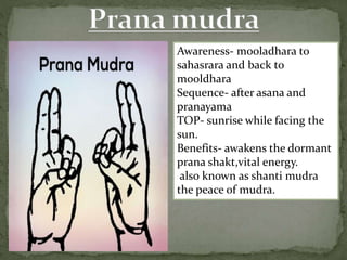 Awareness- mooladhara to
sahasrara and back to
mooldhara
Sequence- after asana and
pranayama
TOP- sunrise while facing the
sun.
Benefits- awakens the dormant
prana shakt,vital energy.
also known as shanti mudra
the peace of mudra.
 