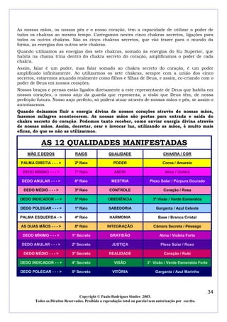 As nossas mãos, os nossos pés e o nosso coração, têm a capacidade de utilizar o poder de
todos os chakras ao mesmo tempo. Carregamos nestes cinco chakras secretos, ligações para
todos os outros chakras. São os cinco chakras secretos, que vão trazer para o mundo da
forma, as energias dos outros sete chakras.
Quando utilizamos as energias dos sete chakras, somado às energias do Eu Superior, que
habita na chama trina dentro do chakra secreto do coração, amplificamos o poder de cada
chakra.
Assim, falar é um poder, mas falar somado ao chakra secreto do coração, é um poder
amplificado infinitamente. Ao utilizarmos os sete chakras, sempre com a união dos cinco
secretos, estaremos atuando realmente como filhos e filhas de Deus, e assim, co-criando com o
poder de Deus em nossos corações.
Nossos braços e pernas estão ligados diretamente a este representante de Deus que habita em
nossos corações, o nosso anjo da guarda que representa, a visão que Deus têm, de nossa
perfeição futura. Nosso anjo perfeito, só poderá atuar através de nossas mãos e pés, se assim o
autorizarmos.
Quando deixamos fluir a energia divina de nossos corações através de nossas mãos,
fazemos milagres acontecerem. As nossas mãos são portas para entrada e saída do
chakra secreto do coração. Podemos tanto receber, como enviar energia divina através
de nossas mãos. Assim, decretar, orar e invocar luz, utilizando as mãos, é muito mais
eficaz, do que se não as utilizarmos.

            AS 12 QUALIDADES MANIFESTADAS
    MÃO E DEDOS                  RAIOS               QUALIDADE                        CHAKRA / COR

 PALMA DIREITA - - - >          2º Raio                 PODER                         Coroa / Amarelo

  DEDO MÍNIMO - - - >           7º Raio                 AMOR                           Alma / Violeta

  DEDO ANULAR - - - >           6º Raio                MESTRIA                Plexo Solar / Púrpura Dourado

   DEDO MÉDIO - - - >           3º Raio              CONTROLE                         Coração / Rosa

 DEDO INDICADOR - - >           5º Raio              OBEDIÊNCIA                 3º Visão / Verde Esmeralda

 DEDO POLEGAR - - - >           1º Raio              SABEDORIA                    Garganta / Azul Celeste

 PALMA ESQUERDA - >             4º Raio               HARMONIA                     Base / Branco Cristal

 AS DUAS MÃOS - - - >           8º Raio             INTEGRAÇÃO                  Câmara Secreta / Pêssego

  DEDO MÍNIMO - - - >          1º Secreto             GRATIDÃO                      Alma / Violeta Forte

  DEDO ANULAR - - - >          2º Secreto              JUSTIÇA                      Plexo Solar / Roxo

   DEDO MÉDIO - - - >          3º Secreto            REALIDADE                        Coração / Rubi

 DEDO INDICADOR - - >          4º Secreto               VISÃO               3ª Visão / Verde Esmeralda Forte

 DEDO POLEGAR - - - >          5º Secreto              VITÓRIA                   Garganta / Azul Marinho




                                                                                                               34
                                   Copyright © Paulo Rodrigues Simões 2003.
         Todos os Direitos Reservados. Proibida a reprodução total ou parcial sem autorização por escrito.
 