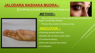 JALODARA NASHAKA MUDRA:-
[STOPPING EXCESS TEARS FLOW FROM EYES]
METHOD:-
Place a thumb down on little finger & keep all remaining 3
fingers comfortably straight.
Practice this mudra 2-3 times per day.
INDICATION :-
 Stooping excess tears flow.
 Eyelids will not stick to each other.
 To enhance beauty.
 Removes impurity from blood.
 Constipation.
 