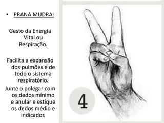 • PRANA MUDRA:
Gesto da Energia
Vital ou
Respiração.
Facilita a expansão
dos pulmões e de
todo o sistema
respiratório.
Junte o polegar com
os dedos mínimo
e anular e estique
os dedos médio e
indicador.
 
