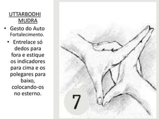 UTTARBODHI
MUDRA
• Gesto do Auto
Fortalecimento.
• Entrelace só
dedos para
fora e estique
os indicadores
para cima e os
polegares para
baixo,
colocando-os
no esterno.
 