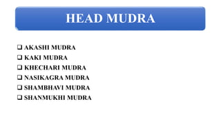 HEAD MUDRA
 AKASHI MUDRA
 KAKI MUDRA
 KHECHARI MUDRA
 NASIKAGRA MUDRA
 SHAMBHAVI MUDRA
 SHANMUKHI MUDRA
 