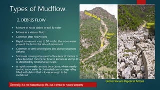 Types of Mudflow
2. DEBRIS FLOW
 Mixture of rocks debris or soil & water
 Moves as a viscous fluid
 Common after heavy rains
 Rapid movement – up to 50 km/hr, the more water
present the faster the rate of movement
 Common in semi-arid regions and along volcanoes
(lahars)
 Soil mass moving at a speed of few tens of meters to
a few hundred meters per hour is known as slump. It
is identified by rotational arc scars.
 A rapid snowmelt can also be a cause, where newly-
melted snow water is channeled over a steep valley
filled with debris that is loose enough to be
mobilized.
Debris Flow and Deposit at Arizona
Generally, it is not hazardous to life, but is threat to natural property
 