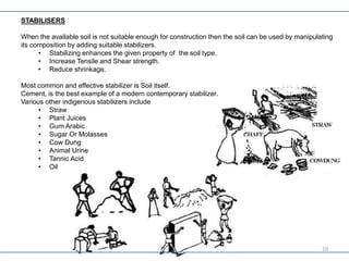 STABILISERS
When the available soil is not suitable enough for construction then the soil can be used by manipulating
its composition by adding suitable stabilizers.
• Stabilizing enhances the given property of the soil type.
• Increase Tensile and Shear strength.
• Reduce shrinkage.
Most common and effective stabilizer is Soil itself.
Cement, is the best example of a modern contemporary stabilizer.
Various other indigenous stabilizers include
• Straw
• Plant Juices
• Gum Arabic
• Sugar Or Molasses
• Cow Dung
• Animal Urine
• Tannic Acid
• Oil
10
 