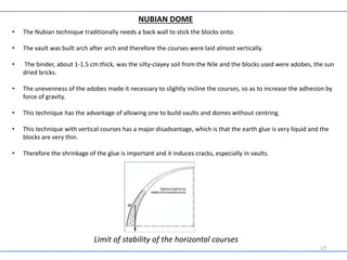 • The Nubian technique traditionally needs a back wall to stick the blocks onto.
• The vault was built arch after arch and therefore the courses were laid almost vertically.
• The binder, about 1-1.5 cm thick, was the silty-clayey soil from the Nile and the blocks used were adobes, the sun
dried bricks.
• The unevenness of the adobes made it necessary to slightly incline the courses, so as to increase the adhesion by
force of gravity.
• This technique has the advantage of allowing one to build vaults and domes without centring.
• This technique with vertical courses has a major disadvantage, which is that the earth glue is very liquid and the
blocks are very thin.
• Therefore the shrinkage of the glue is important and it induces cracks, especially in vaults.
Limit of stability of the horizontal courses
NUBIAN DOME
17
 