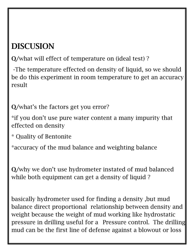 Mud balance test (drilling fluid lab test) PDF