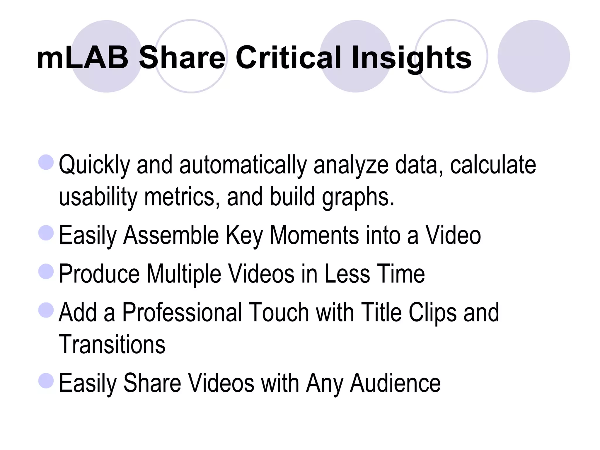 mLAB Share Critical Insights Quickly and automatically analyze data, calculate usability metrics, and build graphs. Easily Assemble Key Moments into a Video  Produce Multiple Videos in Less Time  Add a Professional Touch with Title Clips and Transitions  Easily Share Videos with Any Audience  