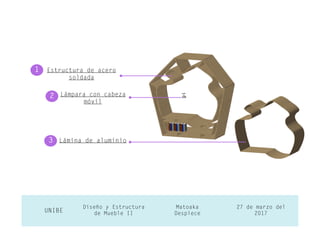 27 de marzo del
2017UNIBE
Diseño y Estructura
de Mueble II
Matoaka
Despiece
Estructura de acero
soldada
Lámpara con cabeza
móvil
Lámina de aluminio
1
2
3
 