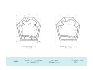 27 de marzo del
2017UNIBE
Diseño y Estructura
de Mueble II
Matoaka
Elevaciones
Elevación Frontal (m)
Esc. 1:20
Elevación Frontal (‘/‘’)
Esc. 1:20
 