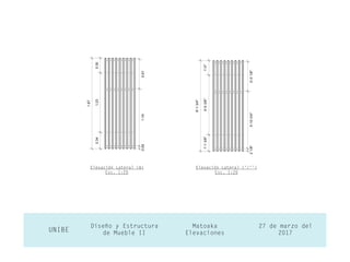 27 de marzo del
2017UNIBE
Diseño y Estructura
de Mueble II
Matoaka
Elevaciones
Elevación Lateral (m)
Esc. 1:20
Elevación Lateral (‘/‘’)
Esc. 1:20
 