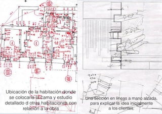 Ubicación de la habitación donde
se colocaría la cama y estudio
detallado d otras habitaciones con
relación a la obra
Una sección en líneas a mano alzada,
para explicar la idea inicialmente
a los clientes.
 