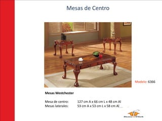 Mesas de Centro




                                                    Modelo: 6366


Mesas Westchester

Mesa de centro:     127 cm A x 66 cm L x 48 cm Al
Mesas laterales:    53 cm A x 53 cm L x 58 cm Al
 