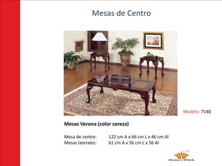 Mesas de Centro




                                                   Modelo: 7140

Mesas Verona (color cereza)

Mesa de centro:    122 cm A x 66 cm L x 46 cm Al
Mesas laterales:   61 cm A x 56 cm L x 56 Al
 