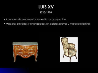 LUIS XV 1710-1774 Aparicion de ornamentacion estilo rococo y chino. Maderas pintadas y enchapados en colores suaves y marqueteria fina. 