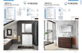 Fondo 50 y 45
MODULAR CORUS 865/I BLANCO

i

D
NOVEDA

p. 127

NORMA
EN 120

Fondo 50 y 45
MODULAR CORUS 1015/D WENGE

W

E-1
CIERRE
CON FRENO

AHORRO
AGUA

BAJO
CONSUMO

5
6
7

Mueble CORUS 600 blanco
3 cajones con freno. 598 x 808 x 453 mm

333

17901

14450
13193
14073

Coqueta CORUS 250 blanco
izquierda 1 puerta con freno. 250 x 808 x 453 mm

114

125
7

Lavabo TORINO B porcelana blanca
bajo plano. 510 x 180 x 320 mm

105

www.salgar.es

COD.

DESCRIPCIÓN

CIERRE
CON FRENO

AHORRO
AGUA

BAJO
CONSUMO

o1 16102 Monomando Lavabo GOBI cromo

106

DESCRIPCIÓN

16081

Espejo PLATA grabado 1000
horizontal vertical. 1000 x 600 mm

16690

Aplique MINERVA 800
luz led (14,64 W.) sujección multienganche IP 44
800 x 27 x 110 mm

229

17897

Mueble CORUS 600 wenge
3 cajones con freno. 598 x 808 x 453 mm

333

17909

Coqueta CORUS 400 wenge
3 cajones con freno. 400 x 808 x 453 mm

275

14519

Encimera mármol blanco micro
bajo plano 1015 derecha para lavabo TORINO B con
regleta 50 mm. 1015 x 20 x 460 mm

287

6

13193

Lavabo TORINO B porcelana blanca
bajo plano. 510 x 180 x 320 mm

7

14073

Separadores
para cajón inferior 600. 523 x 80 x 336 mm

1
2

865

3

AUXILIARES

COD.

3

a1 17917
460

DESCRIPCIÓN

€

Módulo CORUS blanco
izquierdo / derecho 1 puerta con freno
250 x 800 x 140 mm

98

Colores disponibles para composiciones
con Modelo CORUS:

41

1108

55

4
5

PRECIO TOTAL DEL CONJUNTO
Blanco

Wenge

OPCIONALES

COD.

€

a1

o2 13663 Sifón con desagüe clicker latón cromado

o2
4

263

PRECIO TOTAL DEL CONJUNTO

o1

5
6

Encimera mármol blanco micro
bajo plano 865 izquierda para lavabo TORINO B con
regleta 50 mm. 865 x 20 x 460 mm

Separadores
para cajón inferior 600. 523 x 80 x 336 mm

1

800

144

97

800

15707

Aplique MINERVA 280
luz led (8 W.) sujección multienganche IP 44
280 x 27 x 110 mm

17896

NORMA
EN 120

COD.

€
93

o1 16102 Monomando Lavabo GOBI cromo
o2 13663 Sifón con desagüe clicker latón cromado
1000

€
106
55

Ver precios en tienda

2

1

o1
6

105
41

DESCRIPCIÓN

600

4

16908

Espejo SENA 600
horizontal vertical luna 5 mm. 600 x 800 mm

COMPOSICIÓN 1015/D WENGE

OPCIONALES

5

o2
3

808

3

250 140

2

20

2

600

€

808

1

DESCRIPCIÓN

p. 127

MUEBLE 600+COQUETA 400

COMPOSICIÓN 865/I BLANCO

COD.

D

NOVEDA

W

E-1

20

MUEBLE 600+COQUETA 250

i

Series muebles
fondo 50 y 45

01

Colores disponibles para composiciones
con Modelo CORUS:

7
4

1363
1015

460

Blanco

Wenge

115

 