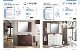 i

Fondo 50 y 45
MODULAR CORUS 1065/D WENGE

p. 127

D
NOVEDA

NORMA
EN 120

Fondo 50 y 45
MODULAR CORUS 1115 BLANCO

W

E-1
CIERRE
CON FRENO

AHORRO
AGUA

BAJO
CONSUMO

MUEBLE 800+COQUETA 250

16970

186

3

17899

Mueble CORUS 800 wenge
3 cajones con freno. 797 x 808 x 453 mm

350

4

17890

Coqueta CORUS 250 wenge
3 cajones con freno. 250 x 808 x 453 mm

242

5

17875

Encimera mármol blanco micro
bajo plano 1065 derecha para lavabo TORINO B con
regleta de 50 mm. 1065 x 20 x 460 mm

297

6

13193

Lavabo TORINO B porcelana blanca
bajo plano. 510 x 180 x 320 mm

105

7

14074

Separadores
para cajón inferior 800. 713 x 80 x 336 mm

101

800

800

1

3

4

DESCRIPCIÓN

16908

Espejo SENA 600
horizontal vertical luna 5 mm. 600 x 800 mm

2

16033

Aplique MAYA
luz florescente (13 W.) sujección multienganche IP 44
554 x 32 x 87 mm

139

17896

Mueble CORUS 600 blanco
3 cajones con freno. 598 x 808 x 453 mm

333

€
82
55

1

20

COD.

0
46

DESCRIPCIÓN

€

Módulo CORUS wenge
izquierdo / derecho 1 puerta con freno
250 x 800 x 140 mm

Colores disponibles para composiciones
con Modelo CORUS:

48

1329
Wenge

600

97

250 140
2
1

4

17900

Coqueta CORUS 250 blanca
derecha 1 puerta con freno. 250 x 808 x 453 mm

NORMA
EN 120

CIERRE
CON FRENO

AHORRO
AGUA

5

17880

Coqueta CORUS 250 blanco
3 cajones con freno. 250 x 808 x 453 mm

BAJO
CONSUMO

14515

Encimera mármol blanco micro
bajo plano 1115 central para lavabo TORINO B con
regleta 50 mm. 1115 x 20 x 460 mm

304

13193

Lavabo TORINO B porcelana blanca
bajo plano. 510 x 180 x 320 mm

14073

Separadores
para cajón inferior 600. 523 x 80 x 336 mm

98

COD.

6

4
5

3

€
121

o2 13663 Sifón con desagüe clicker latón cromado

DESCRIPCIÓN

105

8

DESCRIPCIÓN

55

AUXILIARES
6

o2

242

COD.

o1 16098 Monomando Lavabo SONORA cromo

o1

7

125

PRECIO TOTAL DEL CONJUNTO

www.salgar.es

€

7

a1 17918

7

1065

o1 16107 Monomando Lavabo SIRIO cromo

Blanco

116

p. 127

OPCIONALES

COD.

3

DESCRIPCIÓN

AUXILIARES

808

5

o2

COD.

o2 13663 Sifón con desagüe clicker latón cromado

o1
6

COMPOSICIÓN 1115 BLANCO

OPCIONALES

800

2

Aplique STICK LED 495
luz led (10W.) sujección multienganche IP 44
495 x 30 x 101 mm

a1

800

16910

Espejo SENA 800
horizontal vertical luna 5 mm. 800 x 800 mm

250

20

800

2

€

808

COMPOSICIÓN 1065/D WENGE
DESCRIPCIÓN

PRECIO TOTAL DEL CONJUNTO

D

NOVEDA

W

E-1

MUEBLE 600+COQUETA 250 3 CAJONES+COQUETA 250 1 PUERTA

COD.

1

i

Series muebles
fondo 50 y 45

01

a1 17917

€

Módulo CORUS blanco (1 ud)
izquierdo / derecho 1 puerta con freno
250 x 800 x 140 mm

98

8

1115

0
46

Colores disponibles para composiciones
con Modelo CORUS:

41

1386

Ver precios en tienda

Blanco

Wenge

117

 