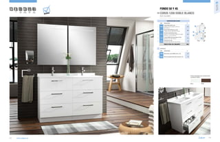i

p. 127

NORMA
EN 120

Fondo 50 y 45
CORUS 1200 DOBLE BLANCO

W

E-1
CIERRE
CON FRENO

AHORRO
AGUA

BAJO
CONSUMO

D

NOVEDA

Series muebles
fondo 50 y 45

01

Ver precios en tienda

SEIS CAJONES
COMPOSICIÓN DOBLE BLANCO

€

1

16916

Espejo PARÍS IV 600 (2 uds)
vertical con luz led y sensor (1,2 W.) IP 44
600 x 800 mm

526

2

17896

Mueble CORUS 600 blanco (2 uds)
3 cajones con freno. 598 x 808 x 453 mm

666

3

17871

Encimera mármol blanco micro
bajo plano 1215 dos lavabos TORINO B con regleta
de 50 mm. 1215 x 20 x 460 mm

342

4

13193

Lavabo TORINO B porcelana blanca (2 uds)
bajo plano. 510 x 180 x 320 mm

210

14073

Separadores (2 uds)
para cajón inferior 600. 523 x 80 x 336 mm

5

PRECIO TOTAL DEL CONJUNTO

600
1

800

DESCRIPCIÓN

o1

4

3

20

COD.

o2

808

2
5

1215

82

0
46

1826

OPCIONALES

COD.

DESCRIPCIÓN

o1 16096 Monomando Lavabo NAMIB cromo (1 ud)
o2 13663 Sifón con desagüe clicker latón cromado (1 ud)

€
137
55

Colores disponibles para composiciones
con Modelo CORUS:

Blanco

118

www.salgar.es

Wenge

119

 