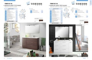 Fondo 50 y 45
MODULAR CORUS 1215/I WENGE

i

D
NOVEDA

p. 127

NORMA
EN 120

Fondo 50 y 45
MODULAR CORUS 1265/I BLANCO

W

E-1
CIERRE
CON FRENO

AHORRO
AGUA

BAJO
CONSUMO

MUEBLE 800+COQUETA 400 3 CAJONES

17899

Mueble CORUS 800 wenge
3 cajones con freno. 797 x 808 x 453 mm

350

4

17909

Coqueta CORUS 400 wenge
3 cajones con freno. 400 x 808 x 453 mm

275

5

14446

Encimera mármol blanco micro
bajo plano 1215 izquierda para lavabo TORINO B con
regleta 50 mm. 1215 x 20 x 460 mm

324

6

13193

Lavabo TORINO B porcelana blanca
bajo plano. 510 x 180 x 320 mm

105

7

14074

Separadores
para cajón inferior 800. 713 x 80 x 336 mm

PRECIO TOTAL DEL CONJUNTO

2

55

20

7

1215

229

17896

Mueble CORUS 600 blanco
3 cajones con freno. 598 x 808 x 453 mm

333

17908

Coqueta CORUS 400 blanco
3 cajones con freno. 400 x 808 x 453 mm

275

17900

Coqueta CORUS 250 blanca
derecha 1 puerta con freno. 250 x 808 x 453 mm

125

6

17872

Encimera mármol blanco micro
bajo plano 1265 izquierda para lavabo TORINO B con
regleta de 50 mm. 1265 x 20 x 460 mm

0
46

Colores disponibles para composiciones
con Modelo CORUS:

48

13193

Lavabo TORINO B porcelana blanca
bajo plano. 510 x 180 x 320 mm

105

Blanco

Wenge

8

14073

Separadores
para cajón inferior 600. 523 x 80 x 336 mm

PRECIO TOTAL DEL CONJUNTO

120

www.salgar.es

AHORRO
AGUA

BAJO
CONSUMO

330

1

808

4
3

16690

7

82

o2 13663 Sifón con desagüe clicker latón cromado
6

2

Aplique MINERVA 800
luz led (14,64 W.) sujección multienganche IP 44
800 x 27 x 110 mm

3

o1 16107 Monomando Lavabo SIRIO cromo

o1
5

16912

Espejo SENA 1000
horizontal vertical luna 5 mm. 1000 x 800 mm

€

o2

1464

CIERRE
CON FRENO

OPCIONALES

2

DESCRIPCIÓN

5

600

1

DESCRIPCIÓN

COD.

4

133

COD.

€
1

800

229

3

NORMA
EN 120

COD.

110

DESCRIPCIÓN

€

o1 16102 Monomando Lavabo GOBI cromo
o1
6

a1

7
o2

4

3
8

o2 13663 Sifón con desagüe clicker latón cromado

55

5

AUXILIARES

COD.

a1 17917
1265

106

20

16690

1200

€

808

2

Aplique MINERVA 800
luz led (14,64 W.) sujección multienganche IP 44
800 x 27 x 110 mm

1

COMPOSICIÓN 1265/I BLANCO

OPCIONALES

800

17893

Espejo SENA 1200
horizontal luna 5 mm. 1200 x 600 mm

p. 127

250 140

1000
DESCRIPCIÓN

W

E-1

MUEBLE 600+COQUETA 400 3 CAJONES+COQUETA 250 1 PUERTA

COMPOSICIÓN 1215/I WENGE

COD.

i

D
NOVEDA

Series muebles
fondo 50 y 45

01

0
46

DESCRIPCIÓN

€

Módulo CORUS blanco
izquierdo / derecho 1 puerta con freno
250 x 800 x 140 mm

98

Colores disponibles para composiciones
con Modelo CORUS:

41

1548

Ver precios en tienda

Blanco

Wenge

121

 