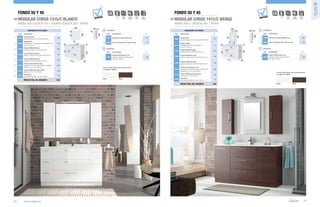 Fondo 50 y 45
MODULAR CORUS 1315/C BLANCO

i

D
NOVEDA

p. 127

NORMA
EN 120

Fondo 50 y 45
MODULAR CORUS 1415/C WENGE

W

E-1
CIERRE
CON FRENO

AHORRO
AGUA

BAJO
CONSUMO

1

16910

Espejo SENA 800
horizontal vertical luna 5 mm. 800 x 800 mm

101

2

16033

Aplique MAYA
luz florescente (13 W.) sujección multienganche IP 44
554 x 32 x 87 mm

139

3

17898

Mueble CORUS 800 blanco
3 cajones con freno. 797 x 808 x 453 mm

350

17900

Coqueta CORUS 250 blanca
derecha 1 puerta con freno. 250 x 808 x 453 mm

125

17880

Coqueta CORUS 250 blanco
3 cajones con freno. 250 x 808 x 453 mm

242

17877

Encimera mármol blanco micro
bajo plano 1315 para lavabo TORINO B con regleta
de 50 mm. 1315 x 20 x 460 mm

342

7

13193

Lavabo TORINO B porcelana blanca
bajo plano. 510 x 180 x 320 mm

105

8

14074

Separadores
para cajón inferior 800. 713 x 80 x 336 mm

5
6

PRECIO TOTAL DEL CONJUNTO

DESCRIPCIÓN

o2
5

2

8

4

COD.

a1 17917

DESCRIPCIÓN
Módulo CORUS blanco (1 ud)
izquierdo / derecho 1 puerta con freno
250 x 800 x 140 mm

0
46

16922

Espejo VENICE
horizontal vertical con marco espejo. 600 x 800 mm

16148

Aplique ATENAS
luz halógena (2x40 W.) con soporte IP 23
253 x 97 x 120 mm

17897

Mueble CORUS 600 wenge
3 cajones con freno. 598 x 808 x 453 mm

€
98

3

17906

Coqueta CORUS 400 wenge
derecha 1 puerta con freno. 400 x 808 x 453 mm

4

www.salgar.es

71

Blanco

Wenge

a1

7

6
o2

333

3

CIERRE
CON FRENO

AHORRO
AGUA

8

1415

Coqueta CORUS 400 wenge
izquierda 1 puerta con freno. 400 x 808 x 453 mm

158

6

14523

Encimera mármol blanco micro
bajo plano 1415 central para lavabo TORINO B con
regleta 50 mm. 1415 x 20 x 460 mm
Lavabo TORINO B porcelana blanca
bajo plano. 510 x 180 x 320 mm

14073

Separadores
para cajón inferior 600. 523 x 80 x 336 mm

o1 16098 Monomando Lavabo SONORA cromo

121

o2 13663 Sifón con desagüe clicker latón cromado

COD.

a1 17918
0
46

DESCRIPCIÓN

55

€

Módulo CORUS wenge (1 ud)
izquierdo / derecho 1 puerta con freno
250 x 800 x 140 mm

105

8

€

98

369

13193

DESCRIPCIÓN

AUXILIARES
4

5

158

7

Colores disponibles para composiciones
con Modelo CORUS:

1
o1

17907

PRECIO TOTAL DEL CONJUNTO

122

NORMA
EN 120

OPCIONALES

COD.

117

5

48

1452

1

250 140

2

€

AUXILIARES

3

1315

DESCRIPCIÓN

55

20

7

82

o2 13663 Sifón con desagüe clicker latón cromado

o1
6

COD.

€

o1 16107 Monomando Lavabo SIRIO cromo

808

4

1

COD.

600

COMPOSICIÓN 1415/C WENGE

800

€

OPCIONALES

800

DESCRIPCIÓN

a1

800

COD.

E-1

20

250 140

2

800

800
COMPOSICIÓN 1315/C BLANCO

p. 127

MUEBLE 600+2 COQUETAS 400 1 PUERTA

808

MUEBLE 800+COQUETA 250 3 CAJONES+COQUETA 250 1 PUERTA

i

D
NOVEDA

Series muebles
fondo 50 y 45

01

Colores disponibles para composiciones
con Modelo CORUS:

41

1352

Ver precios en tienda

Blanco

Wenge

123

 