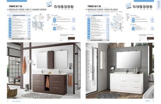 Fondo 50 y 45
MODULAR CORUS 1465 2 LAVABOS WENGE

i

D
NOVEDA

p. 127

NORMA
EN 120

Fondo 50 y 45
MODULAR CORUS 1465/D BLANCO

W

E-1
CIERRE
CON FRENO

AHORRO
AGUA

BAJO
CONSUMO

2 MUEBLES 600+COQUETA TOALLERO 250

290

3

17897

Mueble CORUS 600 wenge (2 uds)
3 cajones con freno. 598 x 808 x 453 mm

17911

133

4

6

o2
4

3

17874

Encimera mármol blanco micro
bajo plano 1465 dos lavabos TORINO B con regleta
de 50 mm. 1465 x 20 x 460 mm

13193

Lavabo TORINO B porcelana blanca (2 uds)
bajo plano. 510 x 180 x 320 mm

210

14073

Separadores (2 uds)
para cajón inferior 600. 523 x 80 x 336 mm

a1 17918

133

2

16933

Aplique LINTERNA LED (3 uds)
luz led (3W.) sujección multienganche IP 44
26 x 14 x 134 mm

273

17898

Mueble CORUS 800 blanco
3 cajones con freno. 797 x 808 x 453 mm

350

4

17908

Coqueta CORUS 400 blanco
3 cajones con freno. 400 x 808 x 453 mm

275

5

17901

Coqueta CORUS 250 blanco
izquierda 1 puerta con freno. 250 x 808 x 453 mm

125

17878

Encimera mármol blanco micro
bajo plano 1465 derecha para lavabo TORINO B con
regleta de 50 mm. 1465 x 20 x 460 mm

7

PRECIO TOTAL DEL CONJUNTO

82

DESCRIPCIÓN

€

Módulo CORUS wenge
izquierdo / derecho 1 puerta con freno
250 x 800 x 140 mm

98

Colores disponibles para composiciones
con Modelo CORUS:

1957
Blanco

124

www.salgar.es

AHORRO
AGUA

BAJO
CONSUMO

367

7

13193

Lavabo TORINO B porcelana blanca
bajo plano. 510 x 180 x 320 mm

105

8

55

14074

Separadores
para cajón inferior 800. 713 x 80 x 336 mm

1

Wenge

PRECIO TOTAL DEL CONJUNTO

800

17893

Espejo SENA 1200
horizontal luna 5 mm. 1200 x 600 mm

2

€

398

6

0
46

168

AUXILIARES

COD.

DESCRIPCIÓN

€

o2 13663 Sifón con desagüe clicker latón cromado (1 ud)

7

1465

5

CIERRE
CON FRENO

OPCIONALES

COD.

3

DESCRIPCIÓN

600

800

800

666

Coqueta toallero CORUS 250 wenge
250 x 808 x 437 mm

NORMA
EN 120

1
a1
o1

5

3

o2

8

1465

DESCRIPCIÓN

€

o1 16098 Monomando Lavabo SONORA cromo

121

o2 13663 Sifón con desagüe clicker latón cromado

7

6

COD.

55

20

Aplique STICK LED 285 (2 uds)
luz led (10W.) sujección multienganche IP 44
285 x 30 x 101 mm

a1

o1

5

16934

COD.

o1 16097 Monomando Lavabo alto NAMIB cromo (1 ud)

178

2

p. 127

250 140

1200

COMPOSICIÓN 1465/D BLANCO

OPCIONALES

6

Espejo GALIA 600 (2 uds)
horizontal vertical marco trasparente. 600 x 800 mm

1

20

16087

€

808

1

250 140

2

AUXILIARES

4

808

600
DESCRIPCIÓN

D
NOVEDA

W

E-1

MUEBLE 800+COQUETA 400 3 CAJONES+COQUETA 250 1 PUERTA

COMPOSICIÓN 1465 2 lavabos WENGE

COD.

i

Series muebles
fondo 50 y 45

01

COD.

a1 17917
0
46

DESCRIPCIÓN

€

Módulo CORUS blanco
izquierdo / derecho 1 puerta con freno
250 x 800 x 140 mm

98

Colores disponibles para composiciones
con Modelo CORUS:

48

1676

Ver precios en tienda

Blanco

Wenge

125

 