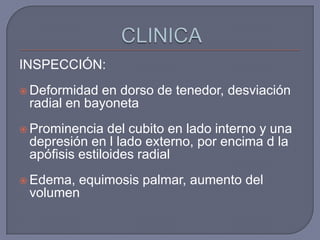 INSPECCIÓN:
 Deformidad en dorso de tenedor, desviación
 radial en bayoneta
 Prominencia   del cubito en lado interno y una
 depresión en l lado externo, por encima d la
 apófisis estiloides radial
 Edema,equimosis palmar, aumento del
 volumen
 