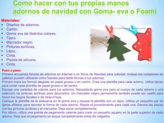 Como hacer con tus propias manos
       adornos de navidad con Goma- eva o Foami
Materiales:
 Diseños de adornos.
 Cartón.
 Goma eva de distintos colores.
 Tijera.
 Marcador negro.
 Pinturas acrílicas.
 Lápiz.
 Cinta.
 Pistola de silicona.
 Cinta.
Paso a paso:
Primero encuentra formas de adornos en Internet o en libros de Navidad para colorear. Incluso los cortadores de
galletas pueden utilizarse como fuentes para darle formas a tus adornos.
Primero traza las formas elegidas en papel grueso o en cartón. Crea una plantilla para cada adorno. Utiliza tijeras
para cortar cada plantilla de papel grueso o de cartón.
Escoge una variedad de colores para tus adornos. Necesitarás goma eva para el cuerpo de cada adorno y una
colección de pinturas acrílicas para decorarlos. Un marcador negro permanente también puede ser usado para
hacer los rasgos faciales o de otras líneas.
Coloque la plantilla de la artesanía en la goma eva y repasa la plantilla con un lápiz. Utiliza un pequeño par de
tijeras afiladas para recortar la forma de cada adorno. Repite el procedimiento para cada una. Decora las piezas
con las pinturas acrílicas y el marcador. Deja secar completamente.
Por último, utiliza una pistola de pegamento caliente para crear un pequeño agujero en la parte superior de cada
adorno. Deja que el pegamento se seque completamente antes de colgarlos.
 
