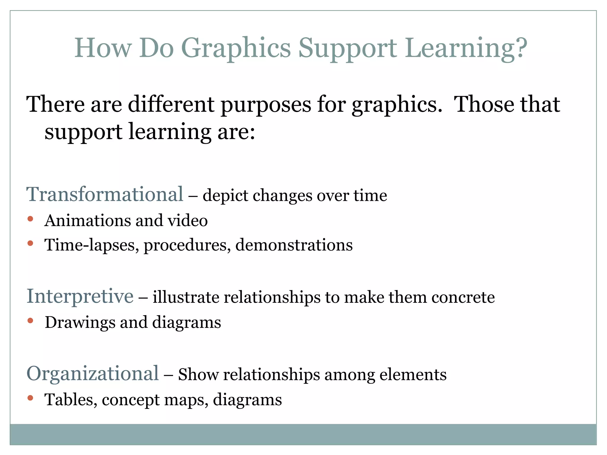 There are different purposes for graphics.  Those that support learning are: Transformational  – depict changes over time Animations and video Time-lapses, procedures, demonstrations Interpretive  – illustrate relationships to make them concrete Drawings and diagrams Organizational  – Show relationships among elements Tables, concept maps, diagrams How Do Graphics Support Learning? 