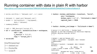 Running container with data in plain R with harbor
https://github.com/nuest/containerit/blob/79f8832975e00c84cdcc665df0c2846d834e27c5/demo/fullstack.R
> write.csv(file = “dataset.csv”, x = cars)
> dataset <- read.csv("dataset.csv")
> model <- lm(log(dist) ~ log(speed),
data = dataset)
> summary(model)
> cmd <- CMD_Rscript("script.R")
> df <- containerit::dockerfile(from = workspace,
cmd = cmd,
r_version = "3.3.3",
copy = "script_dir")
> write(df)
/tmp/Rtmpeachap/
├── dataset.csv
├── Dockerfile
└── script.R
> harbor::docker_cmd(harbor::localhost, "build",
arg = workspace,
docker_opts = c("-t", "fullstack-r-demo")
capture_text = TRUE
)
> harbor::docker_run(image = "fullstack-r-demo")
R version 3.3.3 (2017-03-06) -- "Another Canoe"
Copyright (C) 2017 The R Foundation for Statistical Computing
Platform: x86_64-pc-linux-gnu (64-bit)
[...]
> dataset <- read.csv("dataset.csv")
> model <- lm(log(dist) ~ log(speed), data = dataset)
> summary(model)
Call:
lm(formula = log(dist) ~ log(speed), data = dataset)
Residuals:
Min 1Q Median 3Q Max
-1.00215 -0.24578 -0.02898 0.20717 0.88289
Coefficients:
Estimate Std. Error t value Pr(>|t|)
(Intercept) -0.7297 0.3758 -1.941 0.0581 .
26
 