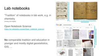 “Tradition” of notebooks in lab work, e.g. in
chemistry
(analog and digital)
Open Notebook Science
(https://en.wikipedia.org/wiki/Open_notebook_science)
No comparable tradition and education in
younger and mostly digital geostatistics,
GIS, ...
https://twitter.com/wellcometrust/status/49632
3565239955456
5
Lab notebooks
https://www.google.de/search?q=chemistry+l
ab+notebook&safe=off&tbm=isch
https://en.wikipedia.org/wiki/File:Studies_of_the_Arm
_showing_the_Movements_made_by_the_Biceps.jp
g
 