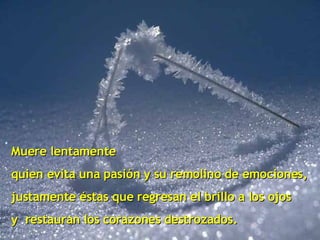 Muere lentamente quien evita una pasión y su remolino de emociones, justamente éstas que regresan el brillo a los ojos y  restauran los corazones destrozados. 