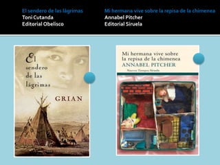 El sendero de las lágrimas
Toni Cutanda
Editorial Obelisco
Mi hermana vive sobre la repisa de la chimenea
Annabel Pitcher
Editorial Siruela
 