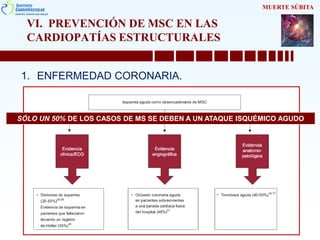 VI. PREVENCIÓN DE MSC EN LAS
CARDIOPATÍAS ESTRUCTURALES
1. ENFERMEDAD CORONARIA.
MUERTE SÚBITA
SÓLO UN 50% DE LOS CASOS DE MS SE DEBEN A UN ATAQUE ISQUÉMICO AGUDO
 