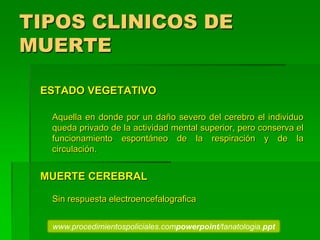 TIPOS CLINICOS DE
MUERTE
ESTADO VEGETATIVO
Aquella en donde por un daño severo del cerebro el individuo
queda privado de la actividad mental superior, pero conserva el
funcionamiento espontáneo de la respiración y de la
circulación.
MUERTE CEREBRAL
Sin respuesta electroencefalografica
www.procedimientospoliciales.compowerpoint/tanatologia.ppt
 