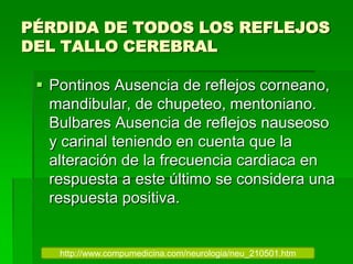 PÉRDIDA DE TODOS LOS REFLEJOS
DEL TALLO CEREBRAL
 Pontinos Ausencia de reflejos corneano,
mandibular, de chupeteo, mentoniano.
Bulbares Ausencia de reflejos nauseoso
y carinal teniendo en cuenta que la
alteración de la frecuencia cardiaca en
respuesta a este último se considera una
respuesta positiva.
http://www.compumedicina.com/neurologia/neu_210501.htm
 
