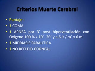 Criterios Muerte Cerebral
• Puntaje :
• 1 COMA
• 1 APNEA por 3’ post hiperventilación con
  Oxigeno 100 % x 10`- 20` y a 6 lt / m` x 6 m`
• 1 MIDRIASIS PARALITICA
• 1 NO REFLEJO CORNEAL
 