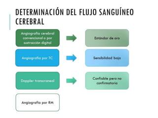 DETERMINACIÓN DEL 
FLUJO SANGUÍNEO 
CEREBRAL 
Angiografía 
cerebral 
convencional o por 
sustracción digital 
Estándar de oro 
Angiografía por TC Sensibilidad baja 
Doppler 
transcraneal 
Confiable pero no 
confirmatoria 
Angiografía por RM 
 