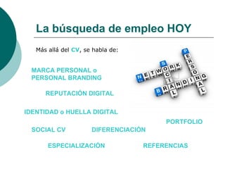 La búsqueda de empleo HOY
   Más allá del CV, se habla de:


 MARCA PERSONAL o
 PERSONAL BRANDING

      REPUTACIÓN DIGITAL

IDENTIDAD o HUELLA DIGITAL
                                        PORTFOLIO
 SOCIAL CV            DIFERENCIACIÓN

       ESPECIALIZACIÓN             REFERENCIAS
 