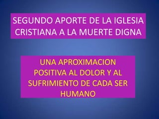 ANTROPOLOGIA DEL DOLOR o los “sentidos” sobre el dolorDOLOR COMO DES-ORDEN Todo dolor es causado por un desorden en la naturaleza. Si ordenamos el des-orden, eliminamos el dolor. Es una visión todopoderosa del poder médico. Cuando se acaban las posibilidades de re-organizar el desorden, se acaban las posibilidades de darle sentido al dolor. DOLOR COMO DES-DICHASi hay dolor no hay dicha, si hay dicha no hay dolor. El hombre dichoso no tiene dolor. Y viceversaDOLOR COMO EU-PATIA (“buen” padecer)El dolor es una ocasión para la purificación del alma