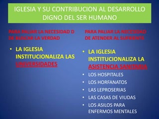 La institución del  o xenodoquio, casa de acogida para enfermos y pobres, fueron creadas por las comunidades cristianas a partir del siglo II, y fueron preceptivas desde el siglo IV.		SE EMPIEZAN A FUNDAR ORFANATOSASILOS PARA VIUDASSolían estar anexos a la catedral y a la residencia del obispo que era el que asumía directamente  la responsabilidad del cuidado (hoy se llama “Cáritas” para las diócesis católicas o “corunum” para la solidaridad que hace directamente el papa)	 El Concilio de ¿Cartago? ordenó en uno de sus cánones a cada obispo establecer en su diócesis un xenodoch, albergue o casa de acogida para extranjeros, pobres y enfermos (Charlotte Schubert: Crónica de la Medicina, p. 60).P.Dr.Omar França  www.transfiguracion.orgINICIO EN OCCIDENTE DE LOS REFUGIOS PARA POBRES Y ENFERMOS